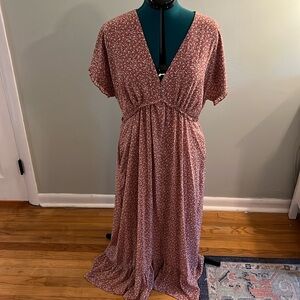 Romantic flowy dress vneck detail. Rust orange color.